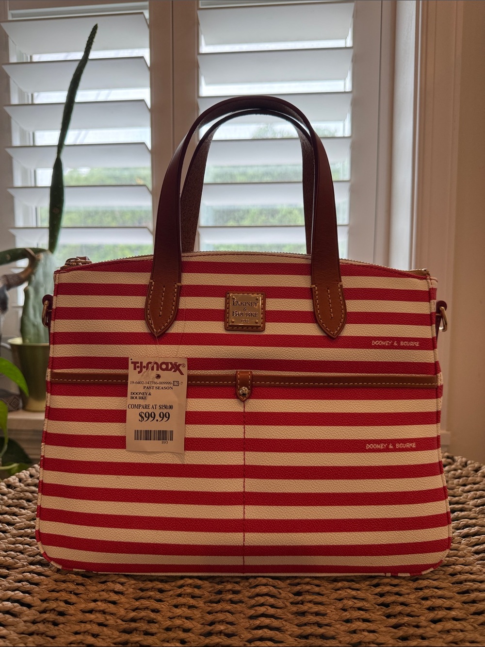 Dooney & Bourke Red and White Striped Satchel with Brown Trim